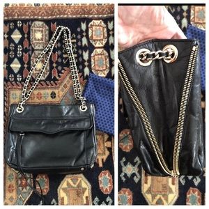 Rebecca Minkoff black leather shoulder bag purse dust bag chain strap 2 way bag